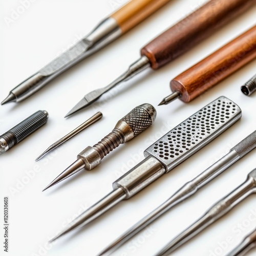 Assorted metal and wood tools arranged on white. photo