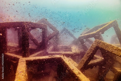 Fototapeta Naklejka Na Ścianę i Meble -  School of fish swimming over artificial coral reef structures