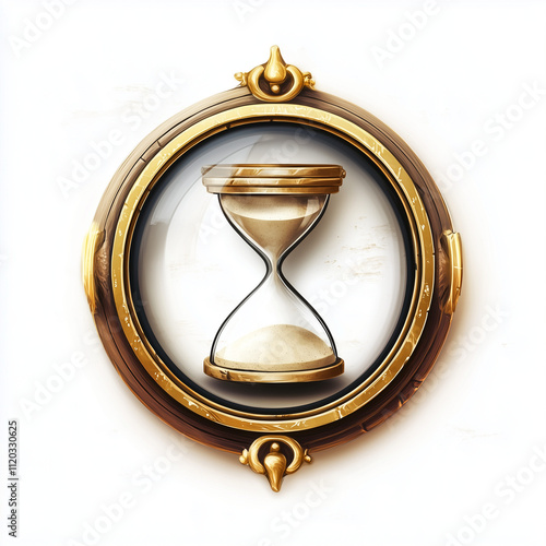 a icon round logo of a sandtimer, gold, white background, fantasy dungeon style niji photo