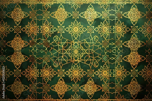 A green and gold patterned carpet with gold flowers photo