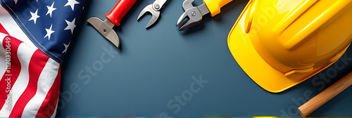 A Labor Day concept with various tools a yellow hard hat and an American flag represents the hard work and dedication of American workers._00001_