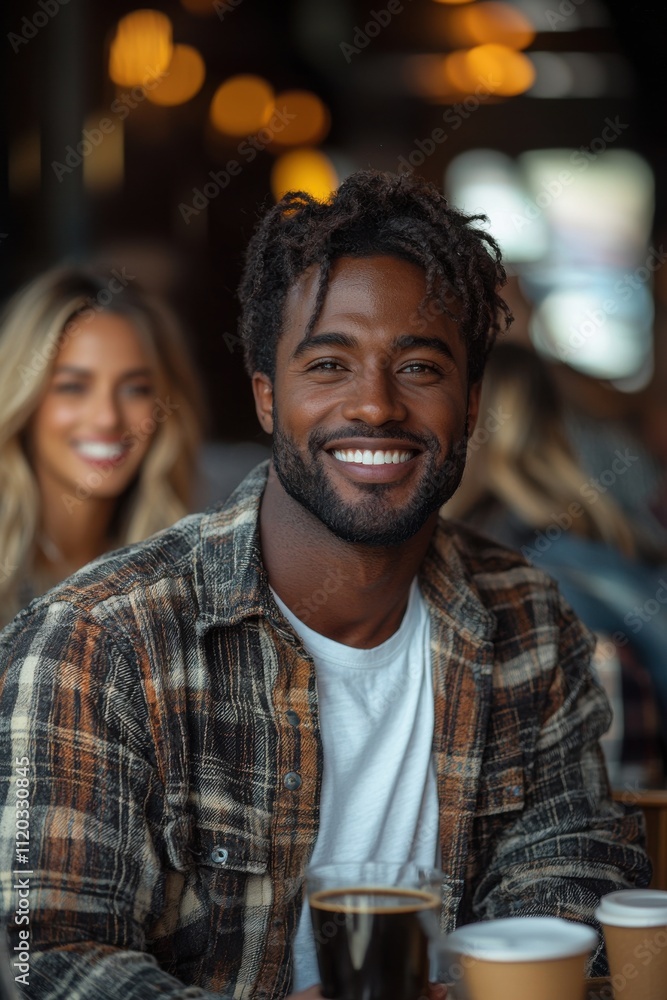 Smiling man in cozy cafe enjoying conversation with friends Smiling man in cozy cafe enjoying conversation with friends