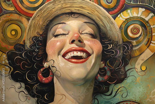 Bursting with joy, this vibrant, artistic depiction of a woman's laughter is full of color and life photo