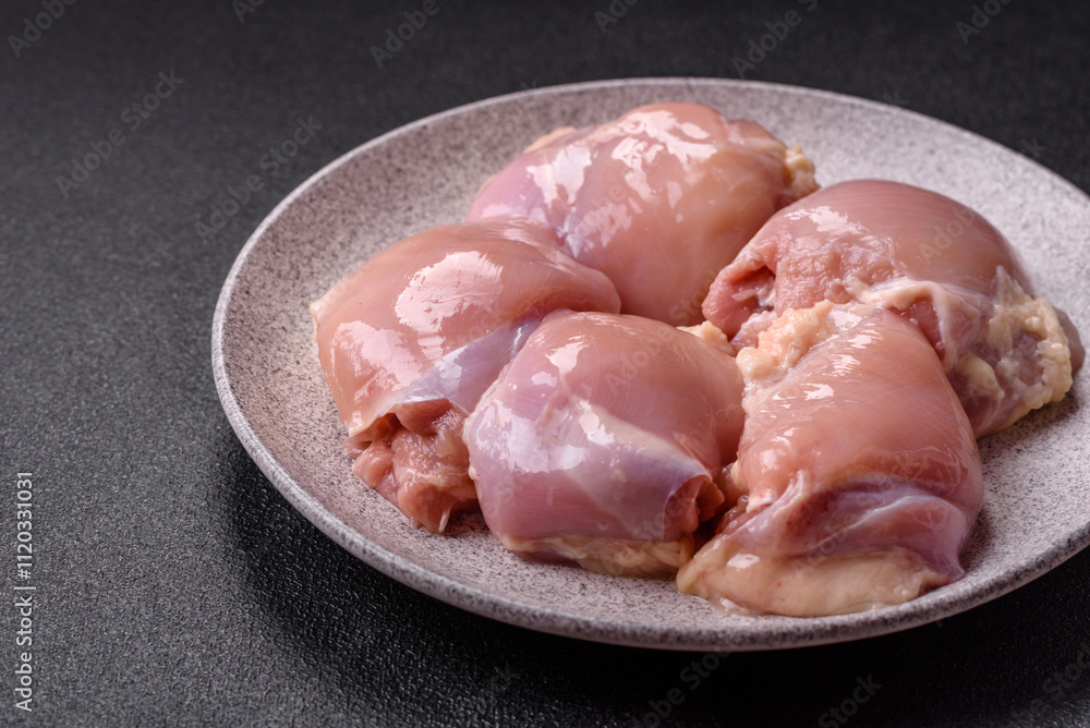 Fresh raw chicken thigh fillets with salt, spices and herbs Fresh raw chicken thigh fillets with salt, spices and herbs