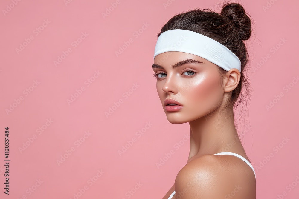 Elegant portrait of a woman with a white headband against a soft pink background Elegant portrait of a woman with a white headband against a soft pink background