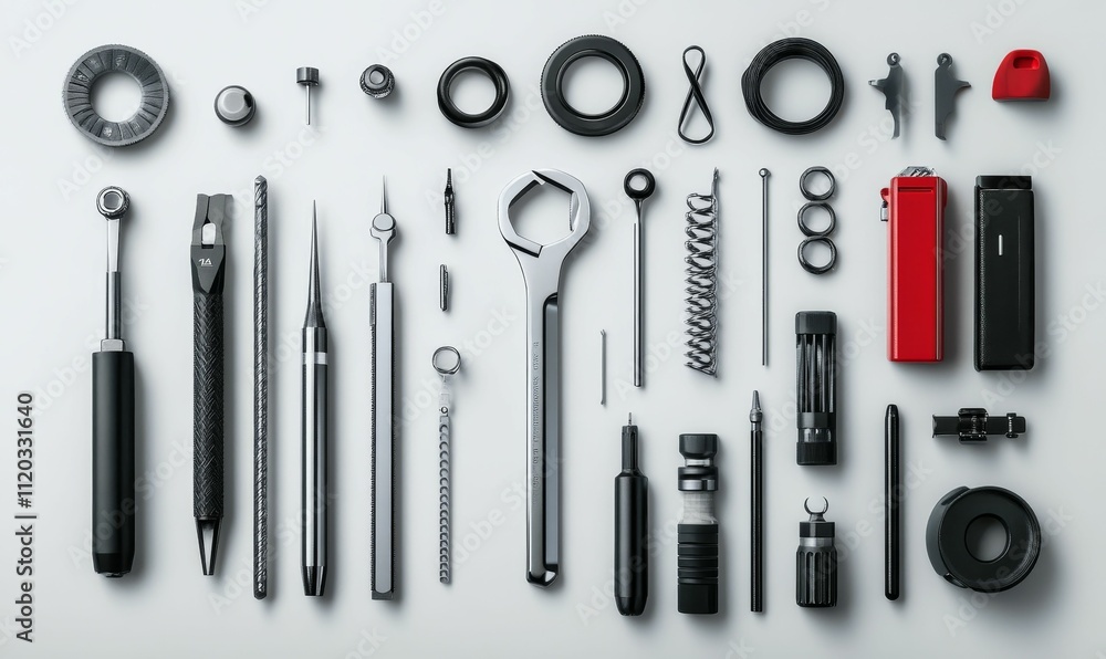 Precision tools arranged neatly on white surface. Precision tools arranged neatly on white surface.