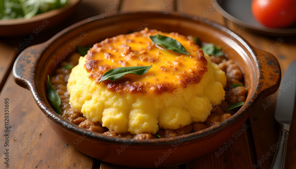 Baked polenta with beans and fresh basil in a rustic dish. Baked polenta with beans and fresh basil in a rustic dish.