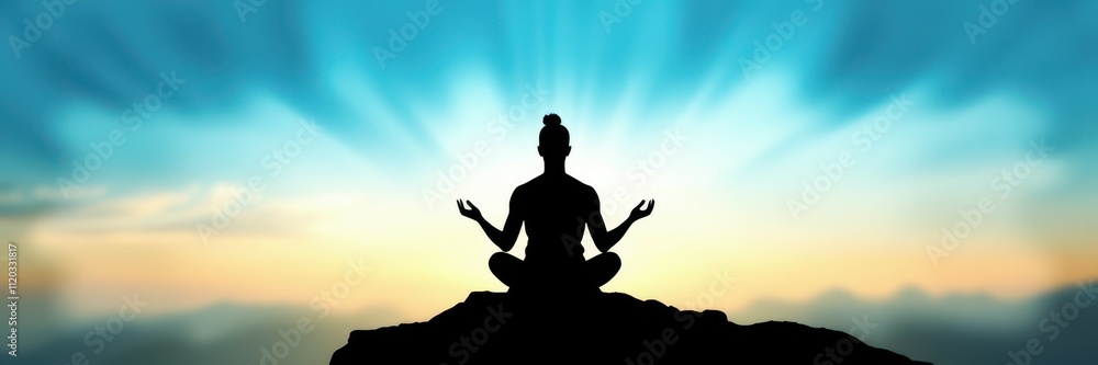 Meditative figure seated on a rocky summit under a colorful sky at sunrise Meditative figure seated on a rocky summit under a colorful sky at sunrise