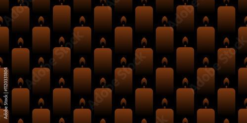 Burning candles of orange color on a black background. Seamless background for printing on paper, packaging, souvenirs.