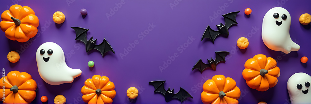 A festive Halloween scene is created with candy ghosts bats and pumpkins on a rich purple background against a top view perspective._00001_ A festive Halloween scene is created with candy ghosts bats and pumpkins on a rich purple background against a top view perspective._00001_