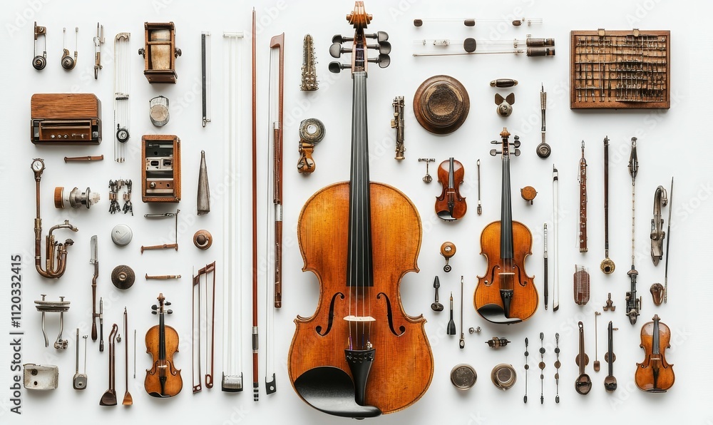 Fototapeta premium Stringed instruments, tools, and small antique objects arranged.