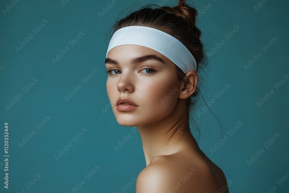 Young woman with a white headband poses against a blue background, showcasing natural beauty and elegance Young woman with a white headband poses against a blue background, showcasing natural beauty and elegance