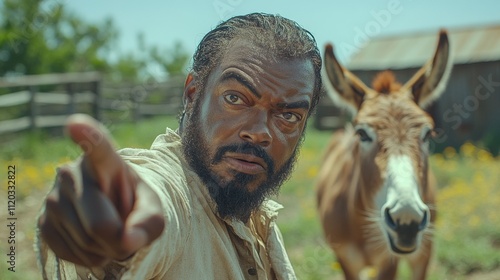 Imagen ficticia cinematográfica de un hombre afroamericano con un burro, sonriendo o burlándose de alguien sin tener conocimientos. photo