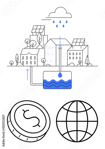 Solar-paneled homes collect rain into a blue reservoir tank connected by pipes. Raindrops, coin, and globe icons. Ideal for sustainability, eco-living, urban planning, conservation, green energy