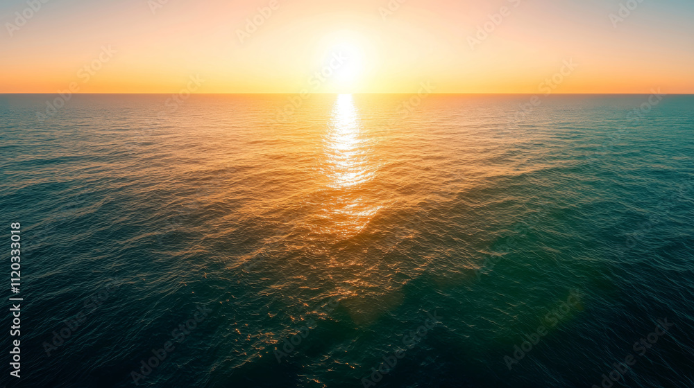 Obraz premium Serene Sunset Over Calm Ocean Waters with Gentle Waves and Golden Sky Reflection