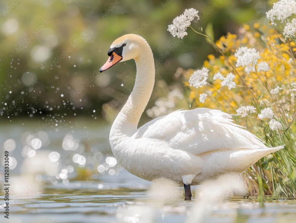 Fototapeta premium Elegant swans swimming peacefully in a lush pond nature tranquil environment close-up view