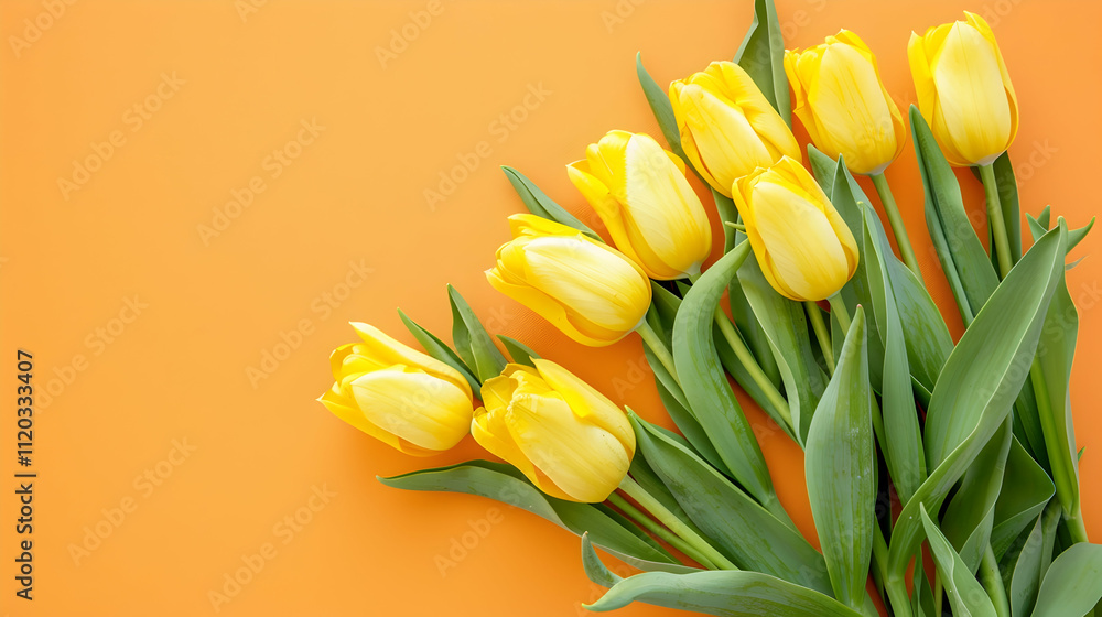 top view of bouquet with yellow tulips on orange background for international womens day top view of bouquet with yellow tulips on orange background for international womens day