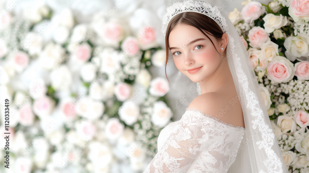 Naklejka premium Elegant Bride Posing in Front of Floral Background with Soft Lighting and Romantic Atmosphere