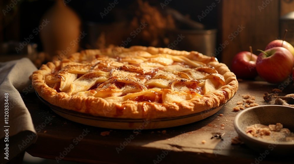 A photo of a classic apple pie with a golden-brown crown