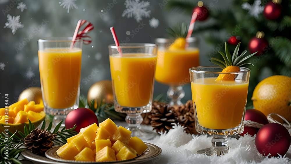 A Christmas buffet with fresh tropical juices like mango, pineapple, and orange, served in crystal-clear glasses surrounded by snowflakes. A Christmas buffet with fresh tropical juices like mango, pineapple, and orange, served in crystal-clear glasses surrounded by snowflakes.
