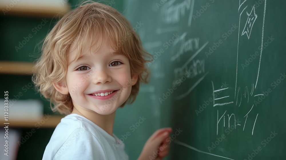 Happy young boy smiles while drawing on chalkboard in classroom environment with vibrant educational atmosphere Happy young boy smiles while drawing on chalkboard in classroom environment with vibrant educational atmosphere