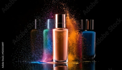 makeup foundation bottle with color paint on black; creative cosmetic procedure, professional cosmetics, beauty industry concept
