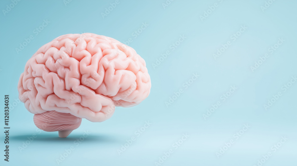 Realistic human brain model on a soft blue background showcasing intricate details of neural structure and design. Realistic human brain model on a soft blue background showcasing intricate details of neural structure and design.