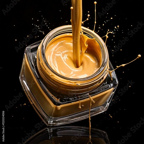 Makeupin jar with color paint on black; creative cosmetic procedure, professional cosmetics, beauty industry concept
