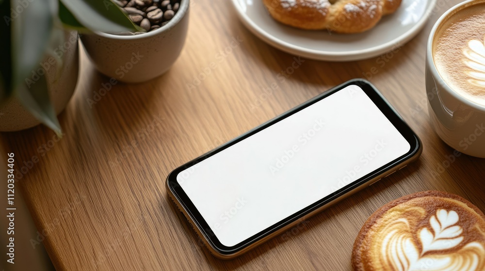 Smartphone mockup with a blank screen placed on a caf table, latte art and pastries completing the aesthetic Smartphone mockup with a blank screen placed on a caf table, latte art and pastries completing the aesthetic