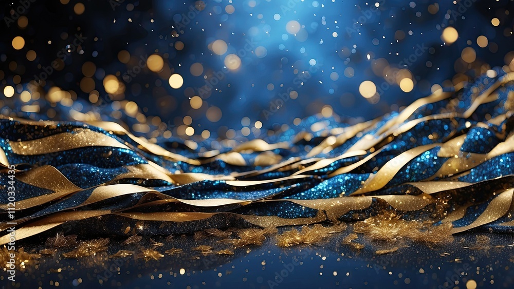 Background with abstract glitter lights, blue, gold, and black banners Background with abstract glitter lights, blue, gold, and black banners