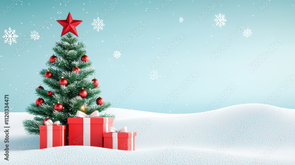 festive s tree adorned with red ornaments and star, surrounded by beautifully wrapped gifts on snowy landscape. scene evokes joyful holiday spirit festive s tree adorned with red ornaments and star, surrounded by beautifully wrapped gifts on snowy landscape. scene evokes joyful holiday spirit