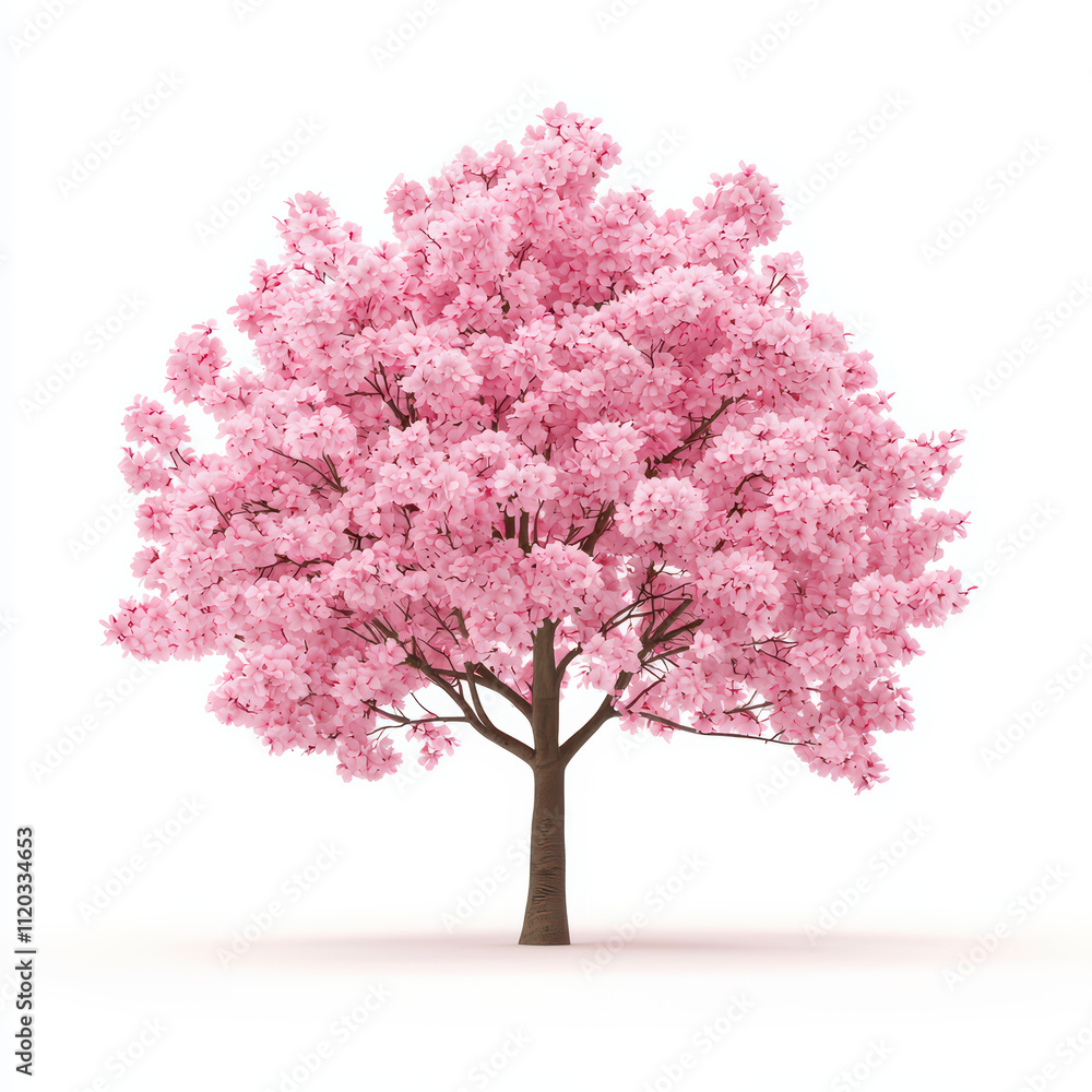 Obraz premium beautiful blooming cherry blossom tree with vibrant pink flowers, showcasing nature elegance and tranquility. This stunning tree stands out against clean white background, creating serene