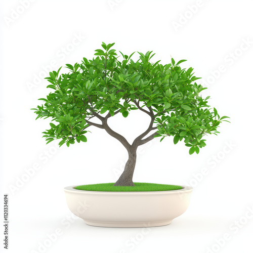 beautiful bonsai tree with lush green leaves in white pot, symbolizing tranquility and nature elegance. This serene plant adds touch of calm to any space