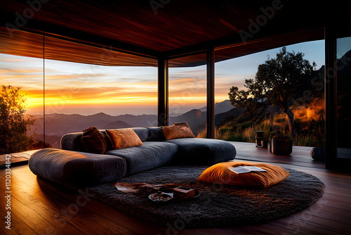 Modernes Wohnzimmer mit Panoramablick auf malerische Berge und einen atemberaubenden Sonnenuntergang, luxuriös und einladend gestaltet

 photo