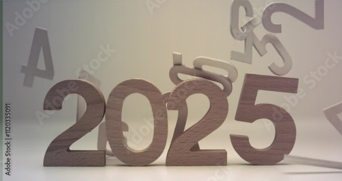 2025 New Year Countdown with Falling Wooden Numbers in motion.  Filmed on High Speed Cinema Camera at 1000 FPS. Super Slow Motion Shot
