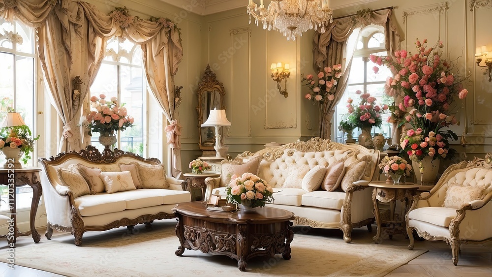 An beautiful sitting room with ornate furniture and floral arrangements creates a warm and inviting atmosphere. An beautiful sitting room with ornate furniture and floral arrangements creates a warm and inviting atmosphere.