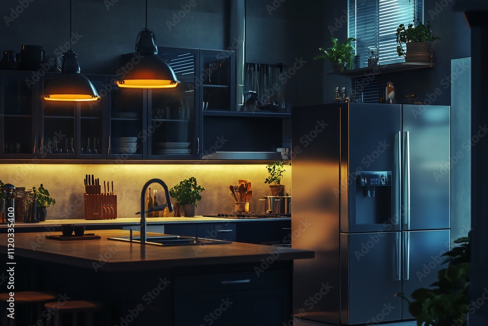 Dark home kitchen interior with bar island and sink, fridge and kitchenware Dark home kitchen interior with bar island and sink, fridge and kitchenware