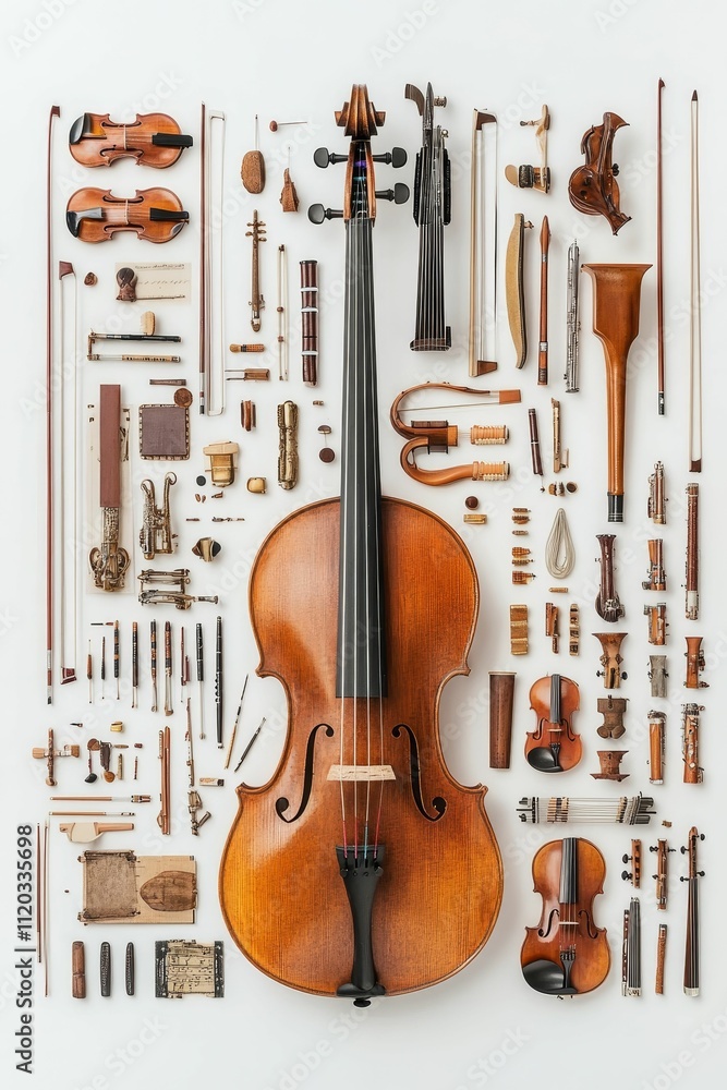 Naklejka premium String instrument components, disassembled and arranged.