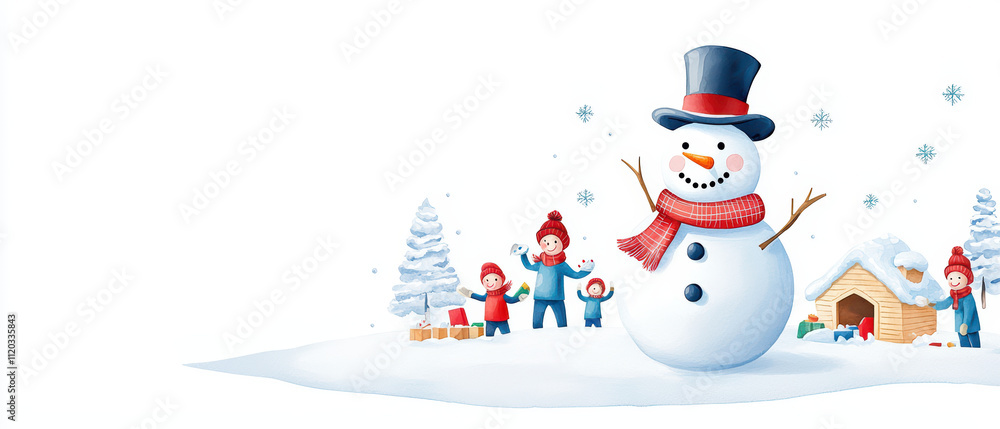 charming watercolor of snowman wearing top hat, surrounded by joyful children playing in snow, with cozy cabin and s trees in background charming watercolor of snowman wearing top hat, surrounded by joyful children playing in snow, with cozy cabin and s trees in background