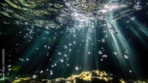 Stream of bubbles rising in a darkened underwater environment, light beams highlighting their motion and clarity