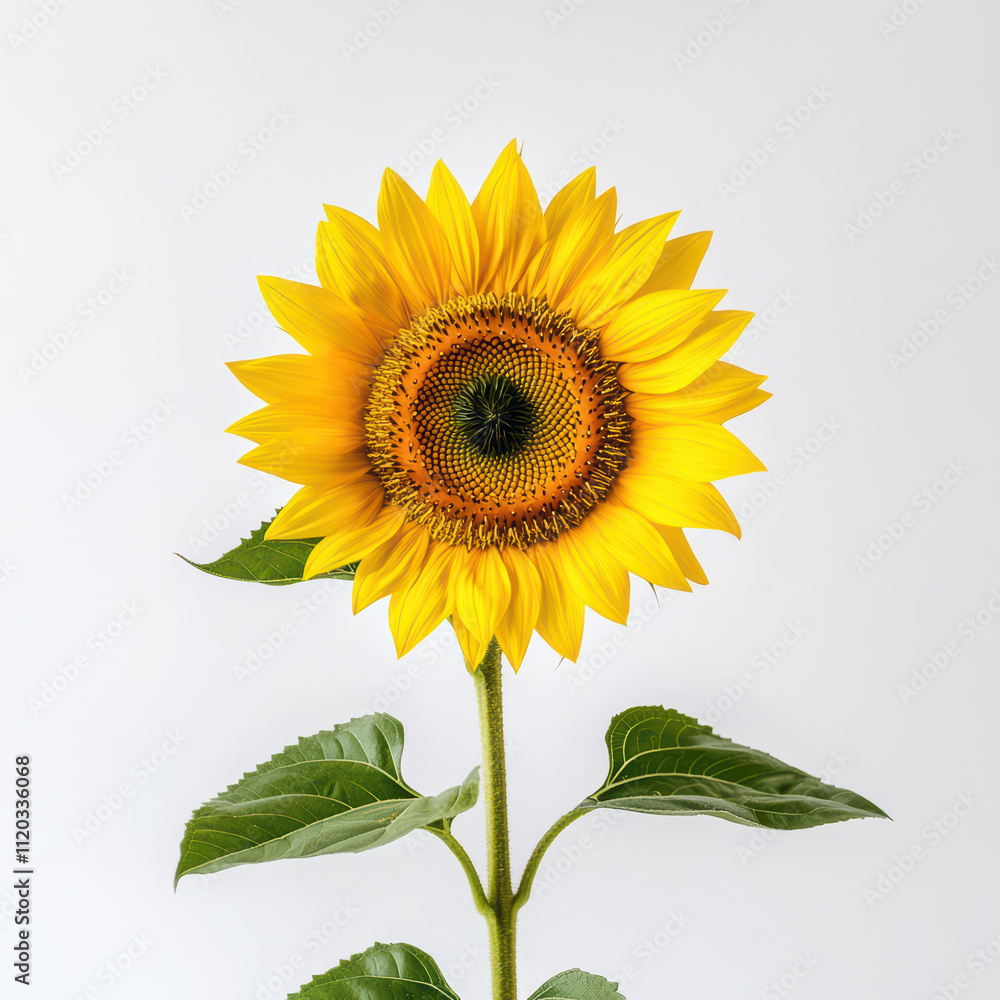 Obraz premium cheerful sunflower with vibrant yellow petals and large brown center, showcasing its natural beauty against plain background. This flower symbolizes happiness and positivity