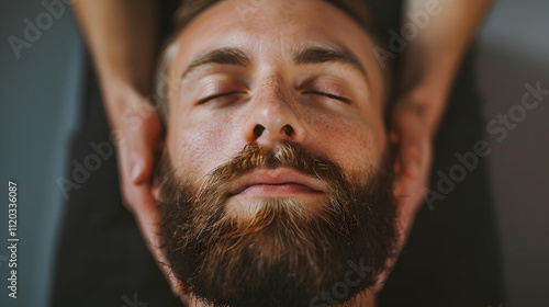 cropped shot of reiki healer doing treatment session to calm bearded man with closed eyes