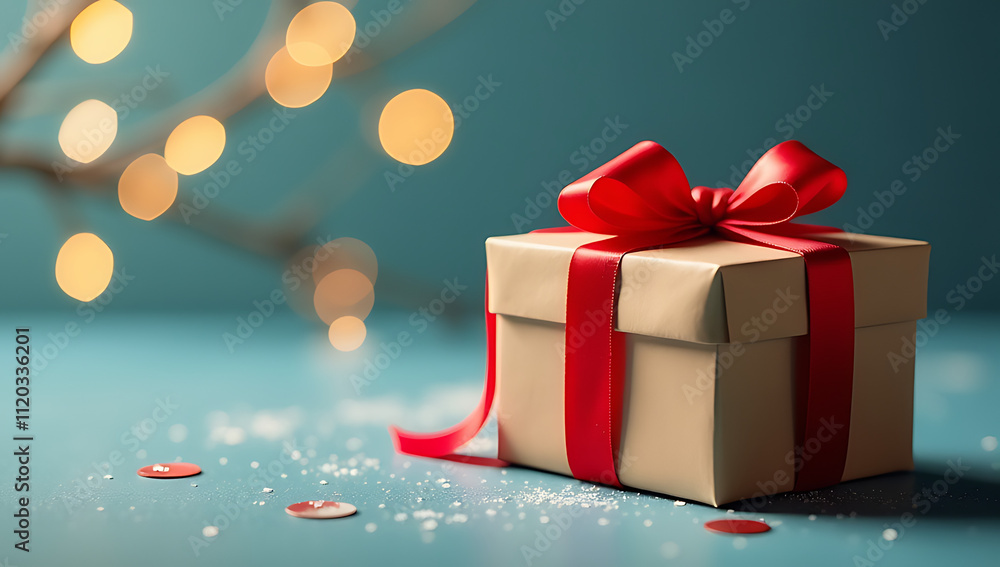 Fototapeta premium A beautifully wrapped gift box with a ribbon sits on a tree silhouette background, evoking elegance and the joy of the holiday season._00001_