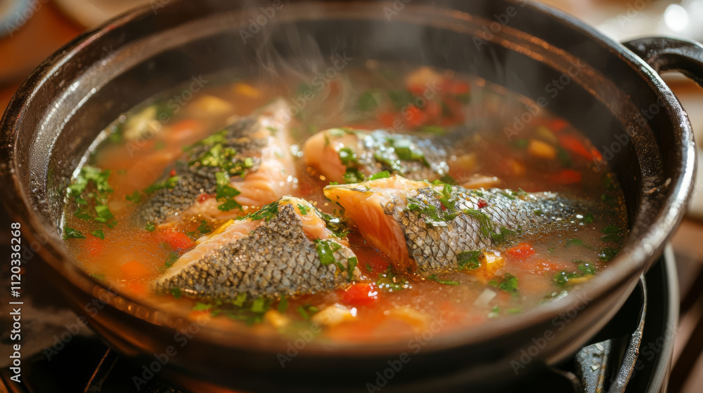 Fresh fish being prepared in a steaming broth with herbs and vegetables in a cozy kitchen Fresh fish being prepared in a steaming broth with herbs and vegetables in a cozy kitchen
