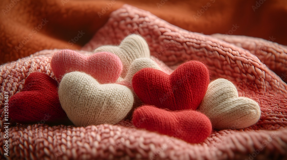 Obraz premium Knitted hearts rest on a soft textured blanket