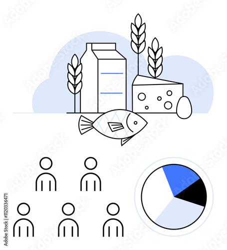 Dairy products and fish wheat stalks, and an egg. Includes a group of people and a pie chart. Ideal for nutrition, agriculture, demographics, statistics, analysis, food industry, and data