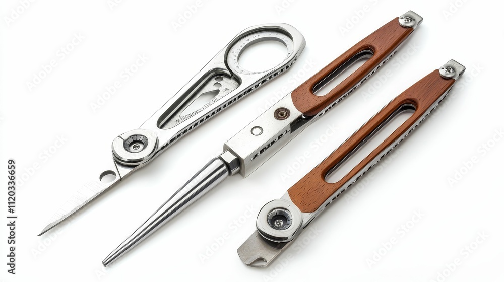 Three metallic tools, wood handles, white background. Three metallic tools, wood handles, white background.