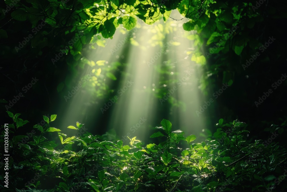 Fototapeta premium Sunlight pierces through lush green foliage, creating a serene and mystical atmosphere in a forest setting.