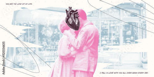 intage collage of a kissing couple. Valentine's Day card. Dadaism design with a romantic vibe.