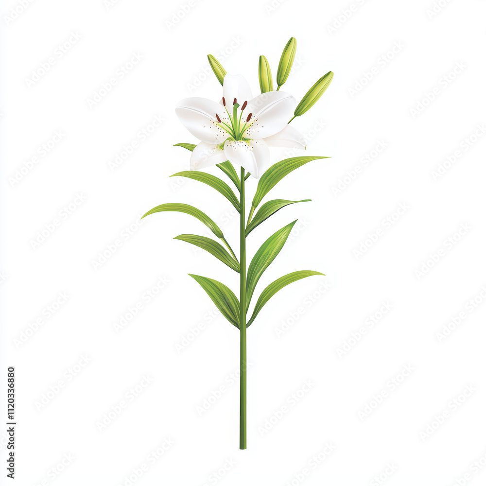 Fototapeta premium delicate white lily with long green stems, symbolizing purity and beauty, stands elegantly against clean background, showcasing its vibrant petals and fresh leaves
